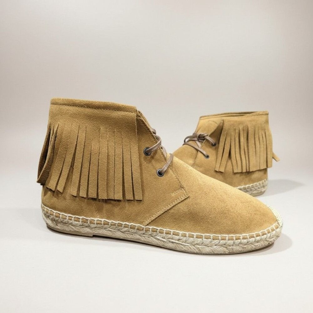 Vintage Saint Laurent Tan Suede Fringe Espadrille desert booties Size 7 Black -